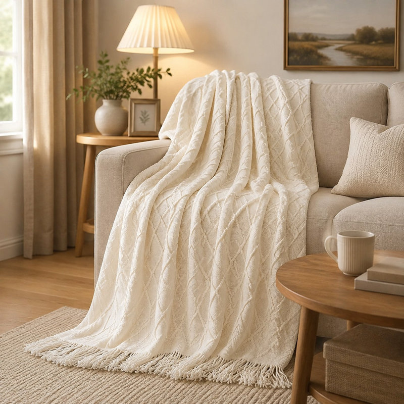 Off White Knitted Throw Blanket with Diamond Pattern