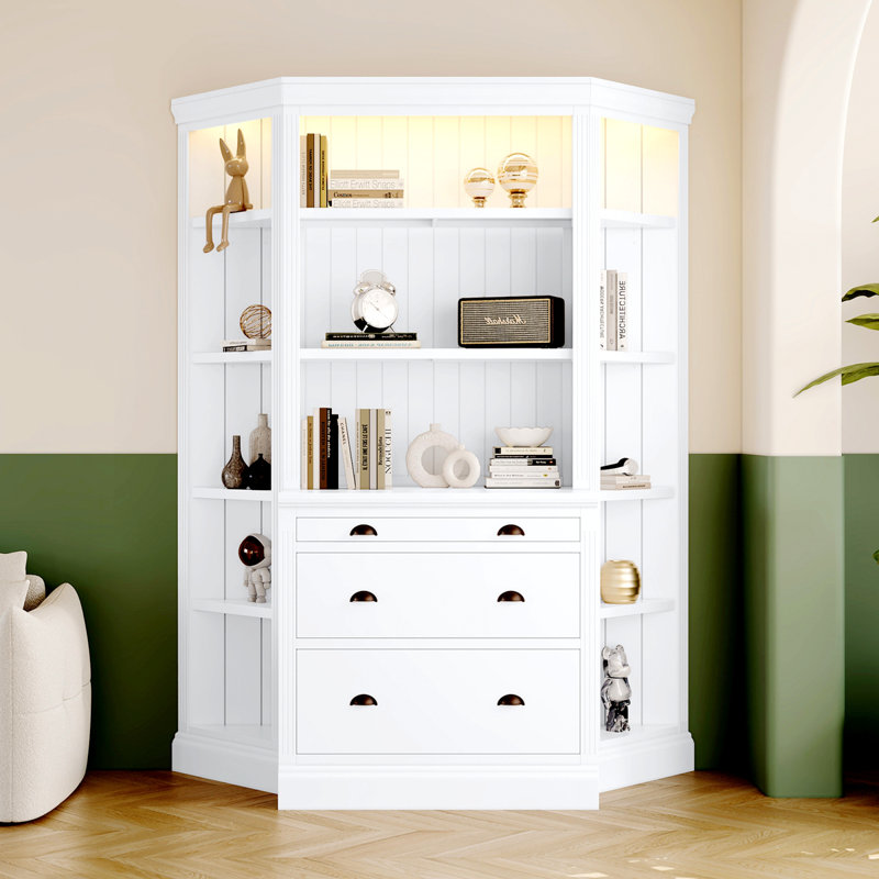 White Adjustable Corner Wood Bookcase Suite with LED Lighting