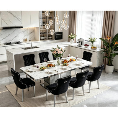 Ensemble de salle à manger extensible 9 pièces en faux marbre (63" à 95") avec 8 chaises rembourrées et grande table de cuisine extensible à piètement argenté miroir.
