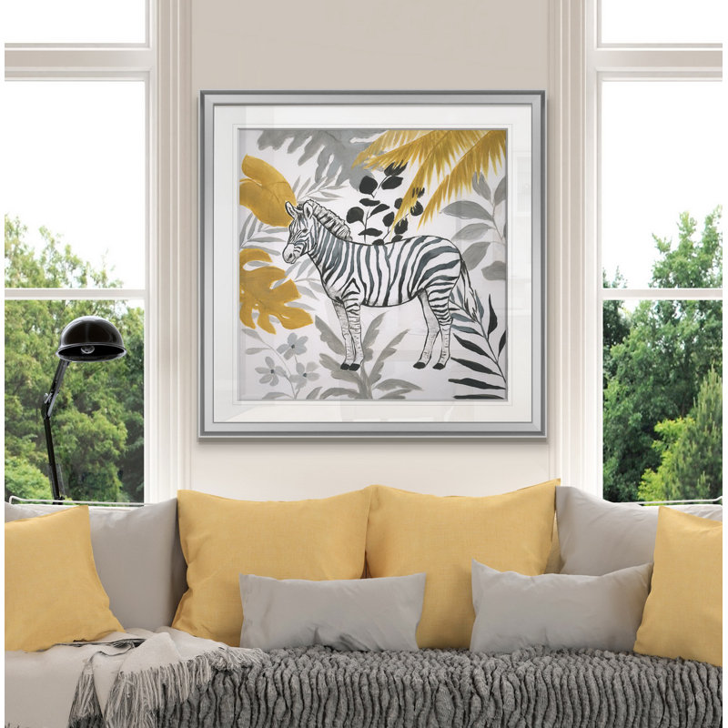 « jungle zèbre », peinture, H 16 po x l 16 po x P 1,5 po, Encadrement argenté