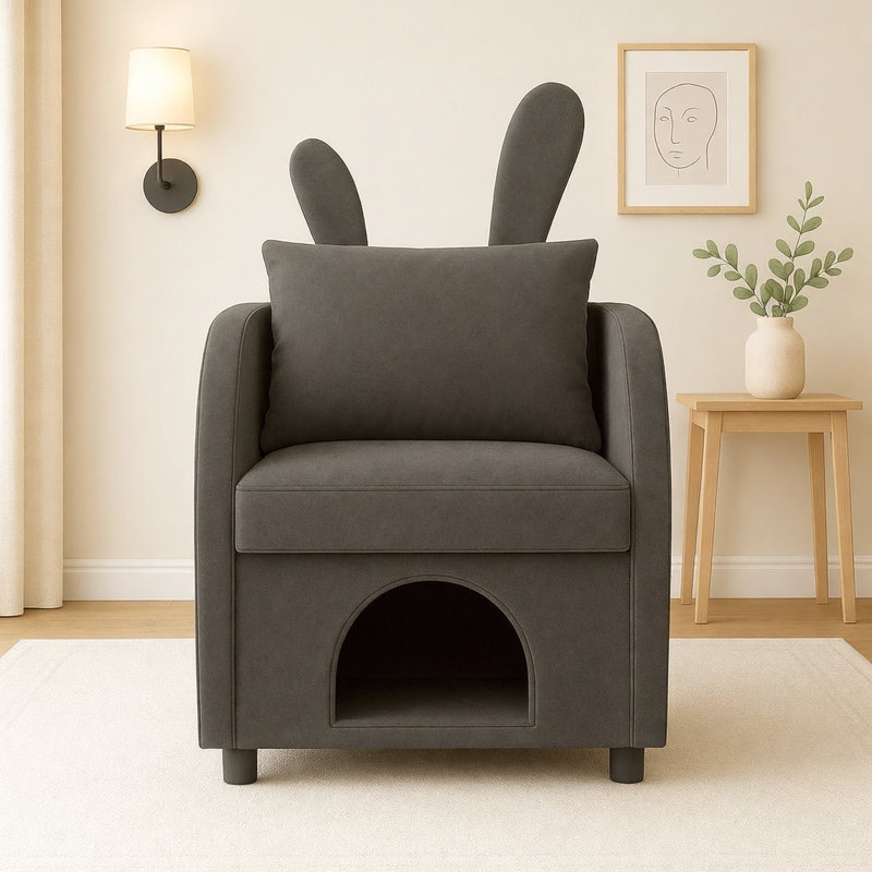 Dark Grey Bunny-Ear Pet-Friendly Armchair With Scratch-Resistant Fabric, Triple-Entry Pet Hideaway Openings, Dual-Use Sofa Chair, 27.4 X 25.2 X 37.4 Inch