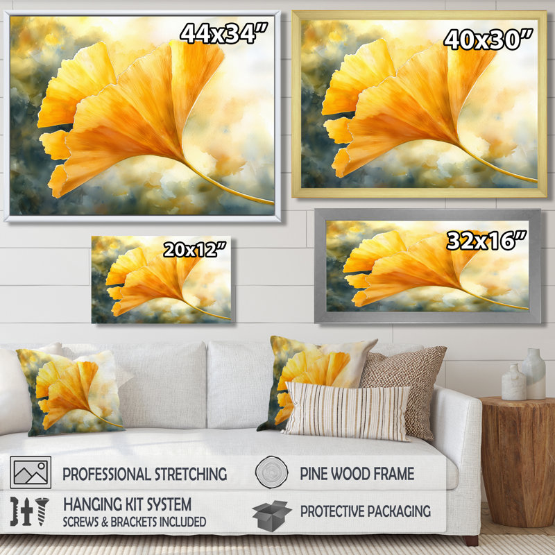 «Jabre Golden Ginkgo Leaf I», art mural sur toile, H 12 po x l 20 po, Impression encadrée flottante, Crème, crème
