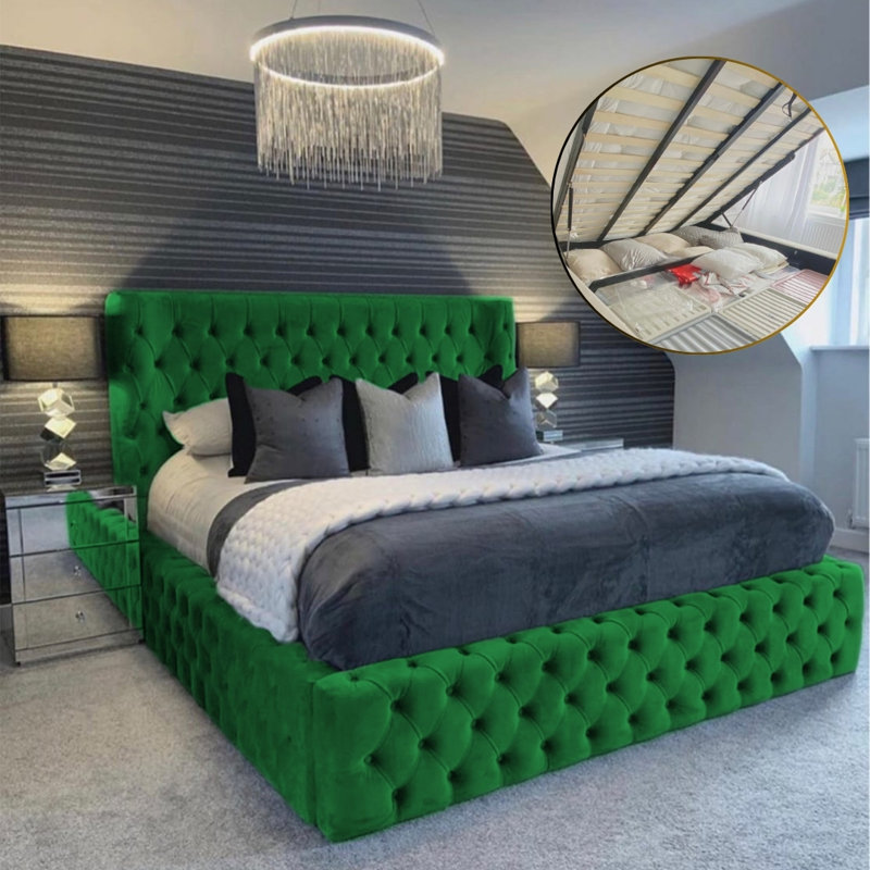 Aliyannah Upholstered Ottoman Storage Bed, Emerald, Super King (6')