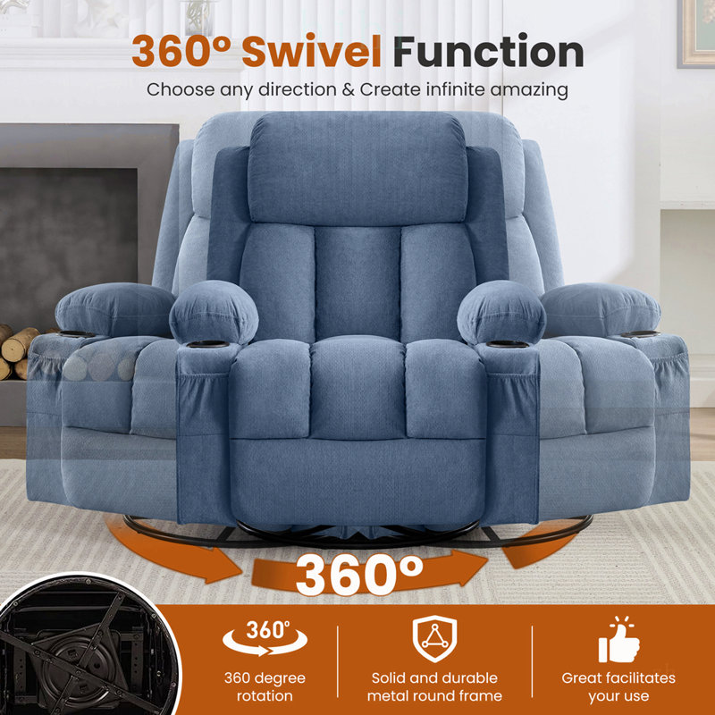 Fauteuil inclinable pivotant à bascule avec massage par vibration, chauffage et plusieurs fonctions de confort pour la relaxation