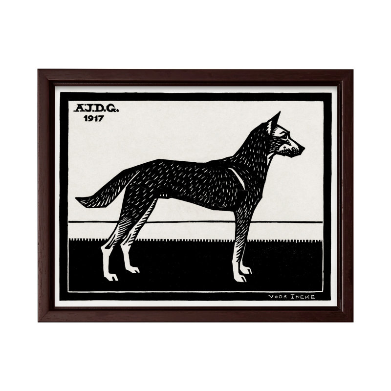 Chien noir et blanc, H 08 po x l 10 po, Poster, Brown Framed