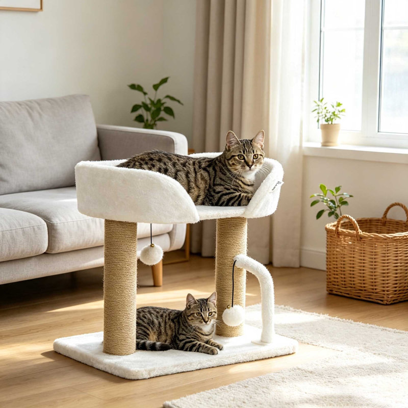 42 cm Indoor Cat Tree with Jute Scratching Post & Hanging Toy Balls, White