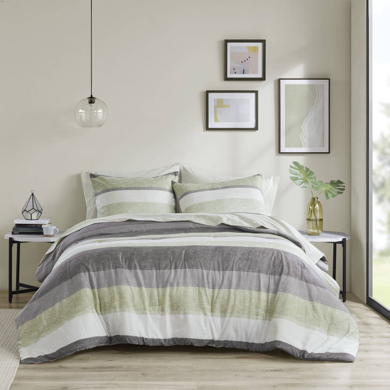 Jaxon Comforter Set with Bed Sheets, King Comforter + 6 Additional Pieces, Green/Gray