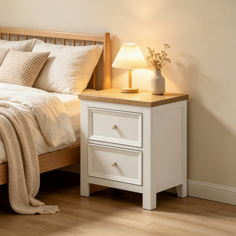 Table de chevet contemporaine en bois deux tons avec finition blanche et brune, deux tiroirs de rangement avec quincaillerie à glissière centrale pour le rangement dans la chambre à coucher