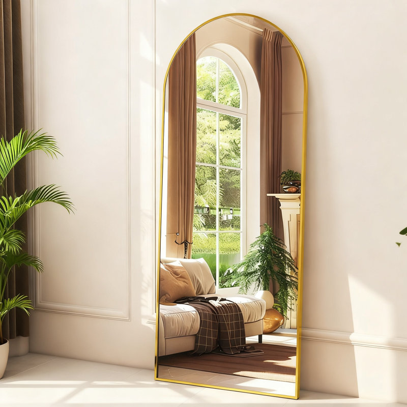 Arched Full Length Floor Mirror, 56"X21", Free-Standing Or Wall-Mounted With Aluminum Alloy Frame For Bedroom, Living Room (Gold)