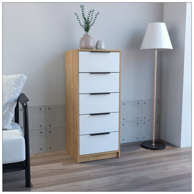 Commode verticale H / 42 po, 5 tiroirs, commode verticale, Blanc / Chêne clair