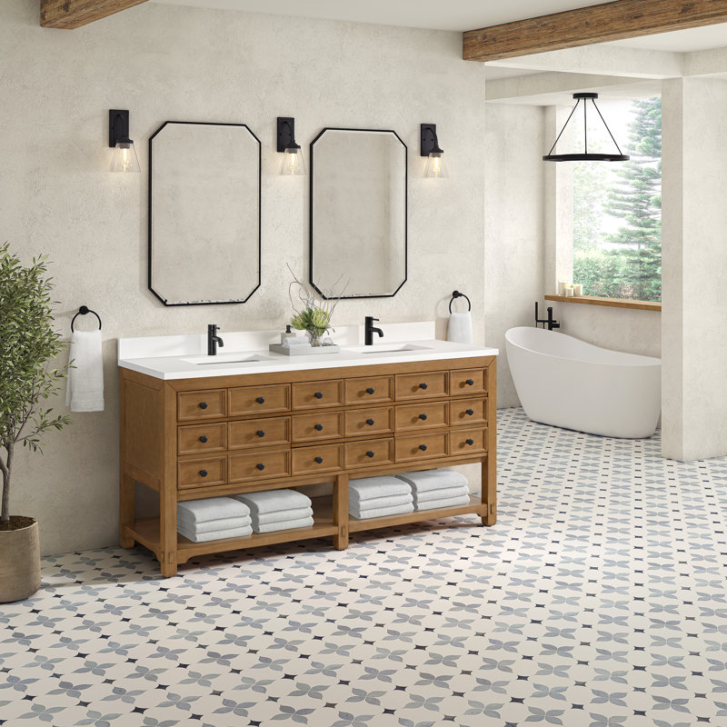 Malibu 72'' W Double Vanity, White Zeus, Single-Hole, Amber Birch