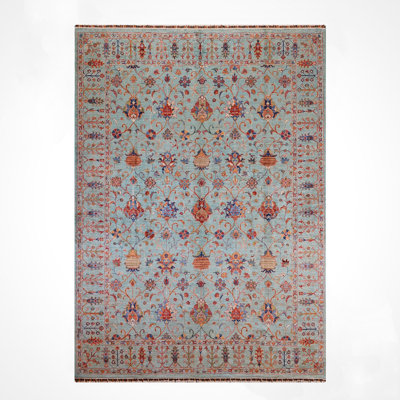 Original Hand Knotted Traditional Pattern Teal Wool and Cotton Rug