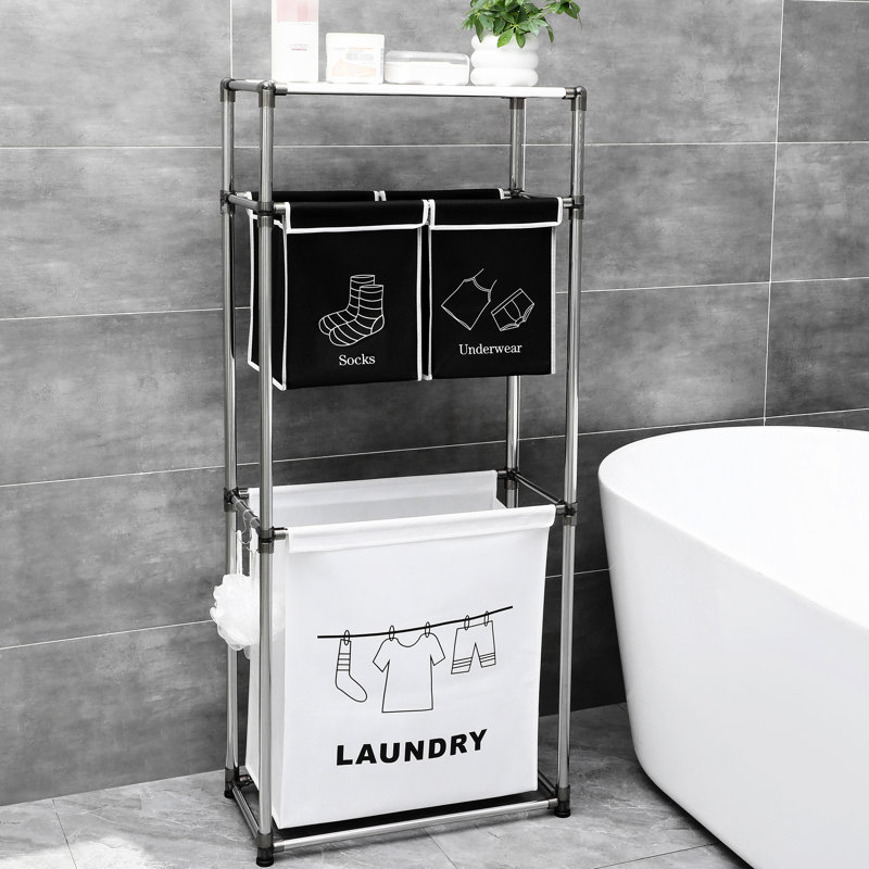 Trieur de linge à 3 niveaux avec 4 sacs, cadre en fer imperméable et stable, trieur décoratif pour la maison d'une capacité de 100 L, niveau, réducteur de fouillis