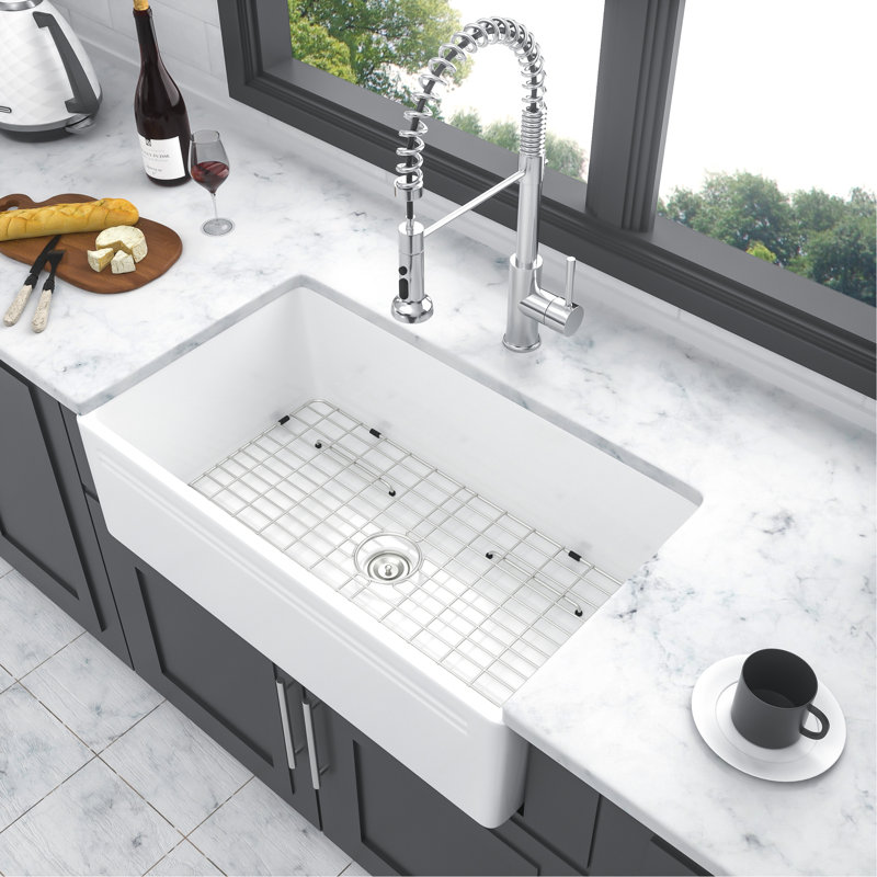 White Farmhouse Sink - 30 Inch Kitchen Sink Apron-Front White Ceramic Reversible Single Bowl Kitchen Farm Sinks