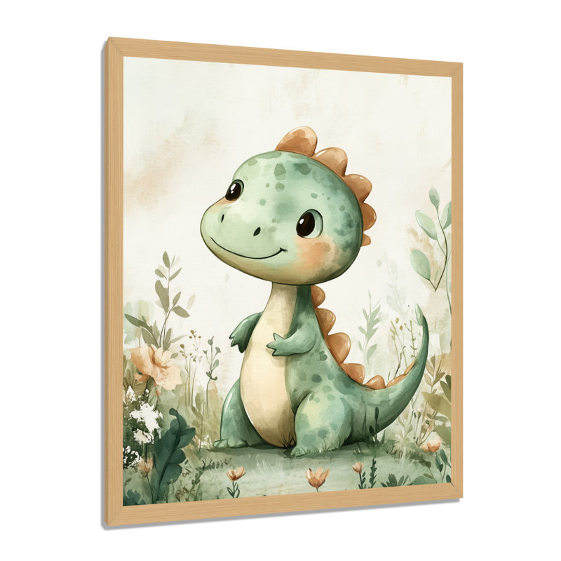 Petit dinosaure vert dans le jardin - Tableau encadré pour chambre d'enfant, 20" H x 12" W, Natural Picture Framed