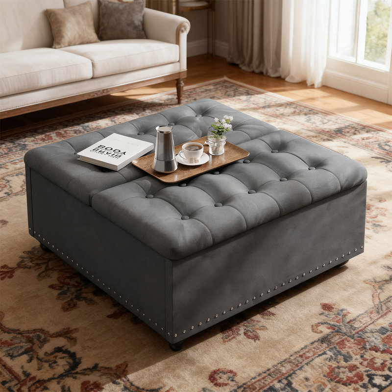 33.5"W Upholstered Square Coffee Table Storage Ottoman With Split Lift Top, Gray