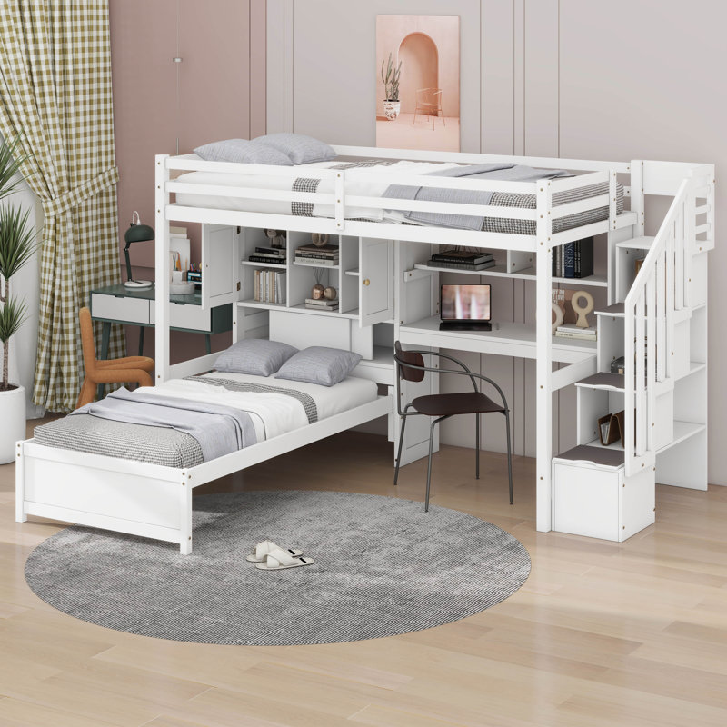 Karanfila Twin Over Twin Loft Bed With Built-In Desk And Staircase, With Storage Compartments And Shelves, White
