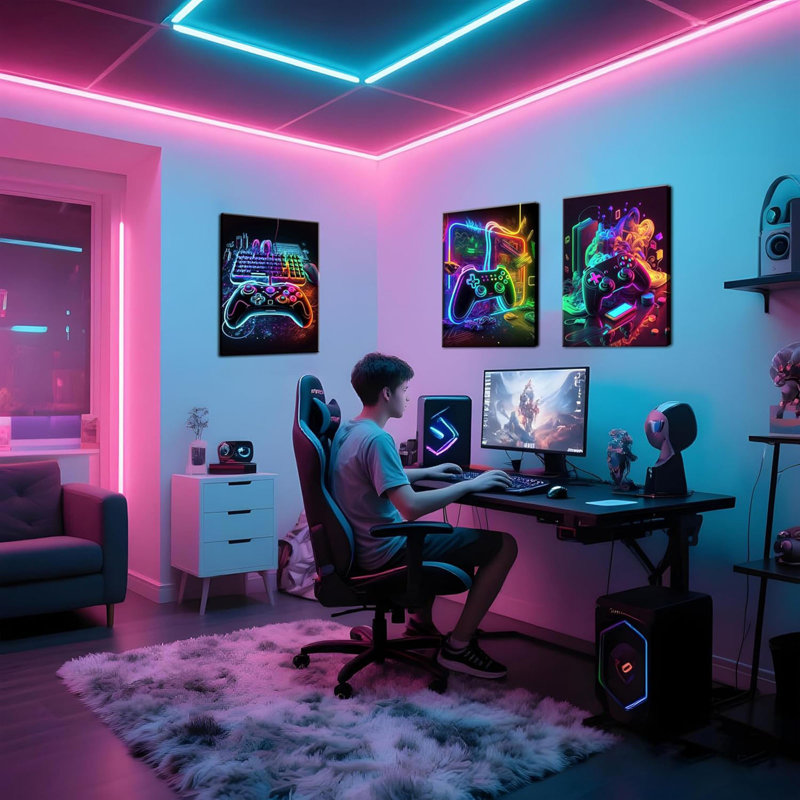 «Gamer Room Decor», art mural sur toile pour les garçons adolescents - accessoires colorés et colorés, thème de jeu mural, ensemble de 3 - jeu de peintures, impression pour les jeunes garçons, chambre 12 x 16 po