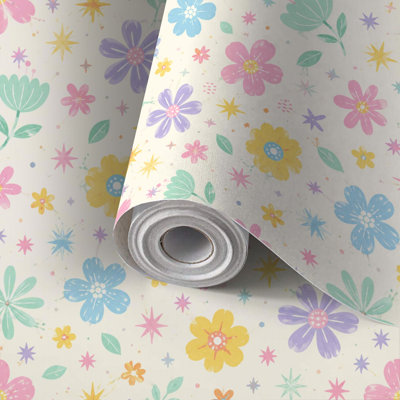 Papier peint adhésif décoratif à motifs floraux pastel colorés (fleurs et feuilles), amovible et facile à poser. Idéal pour les locataires, à faire soi-même, pour chambre, salon, cuisine, salle de bain ou mur d'accent.