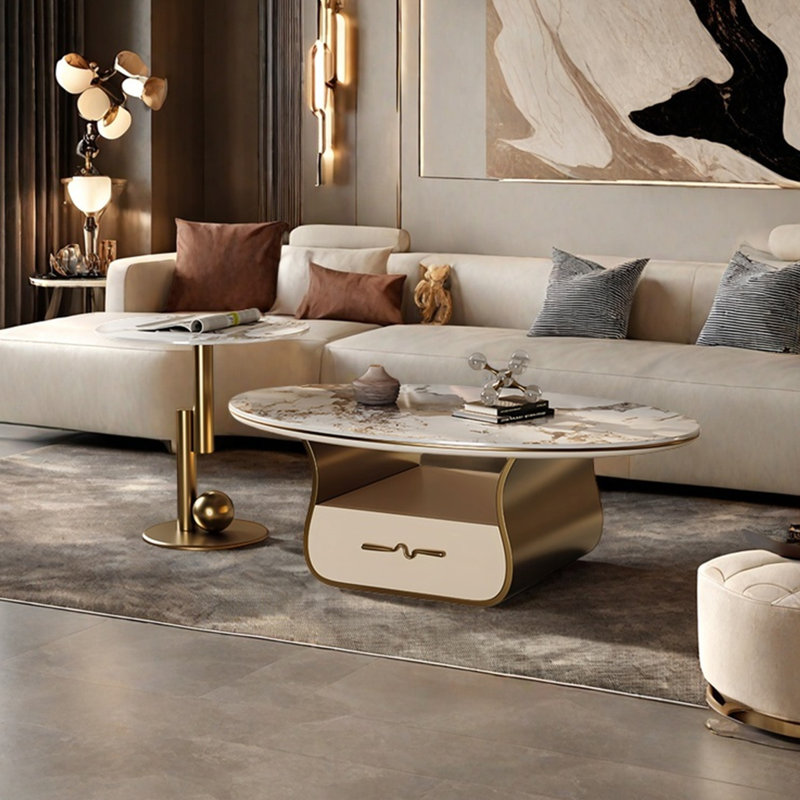 Table basse ovale en pierre claire, H 16,5 po x L 55,1 po x l 31,5 po, Doré