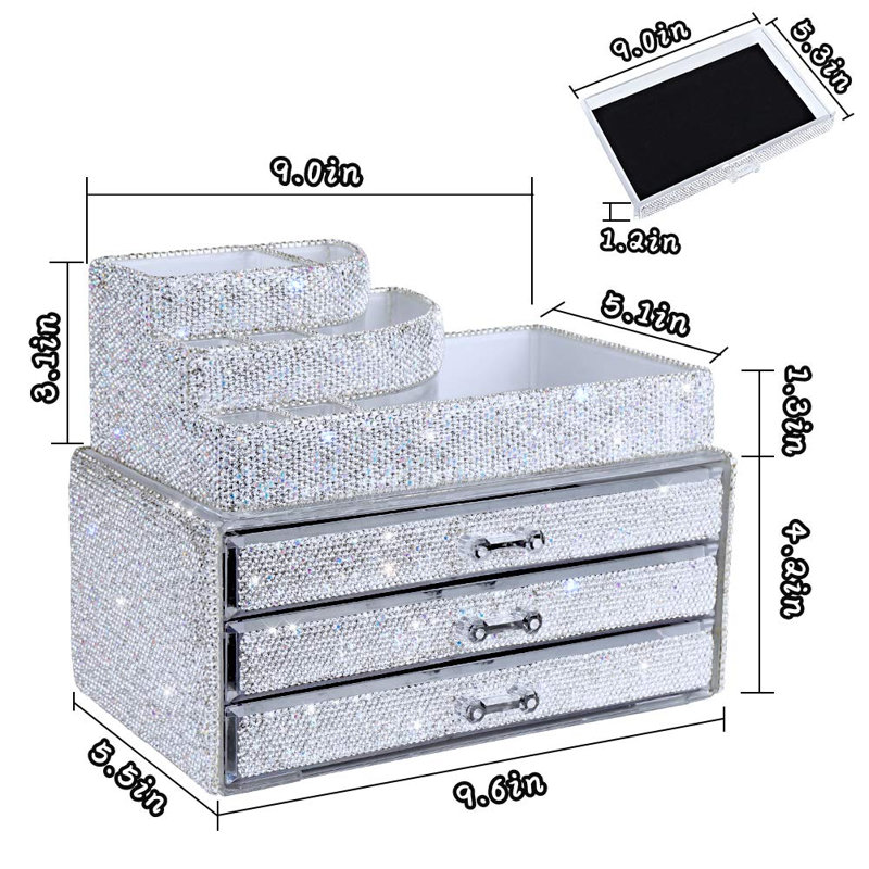 Organisateur de maquillage avec tiroir Bling Diamond, boîtes de rangement pour bijoux de comptoir, porte-pinceau de maquillage, ensemble de 2 pièces (purement fait à la main)