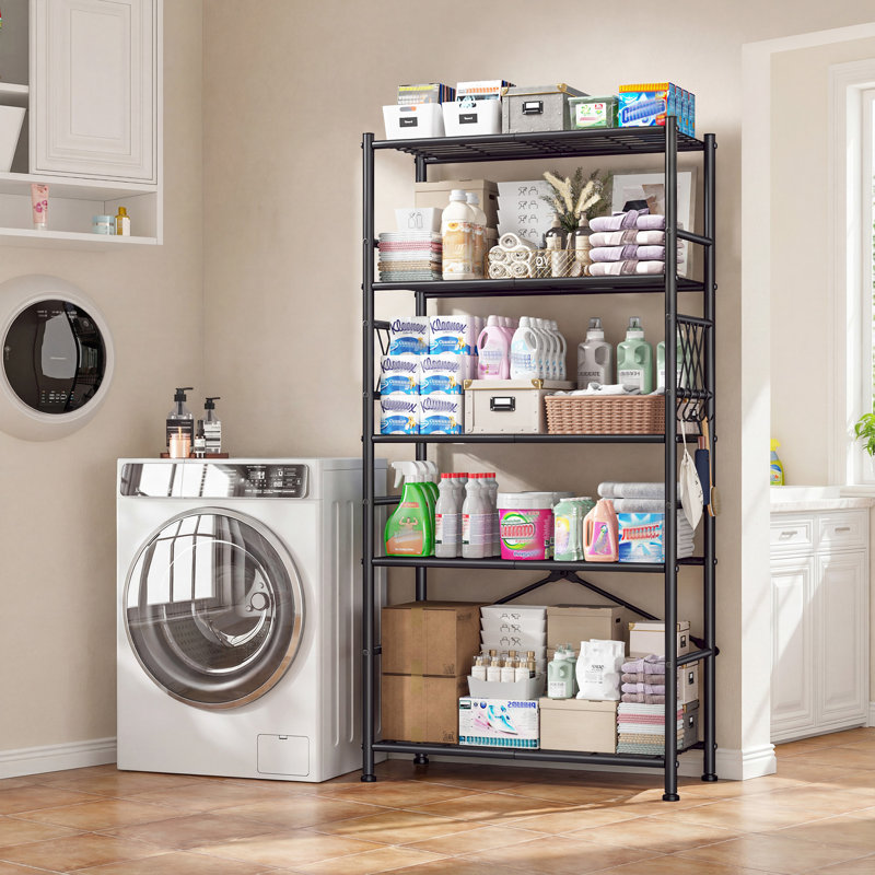 Étagère à 5 niveaux de 72 po en métal avec crochets, support de rangement sans oscillation avec pieds de nivellement réglables pour dortoir de salle de bain Kitchen Pantry l 30 po x P 12 po x H 72 po