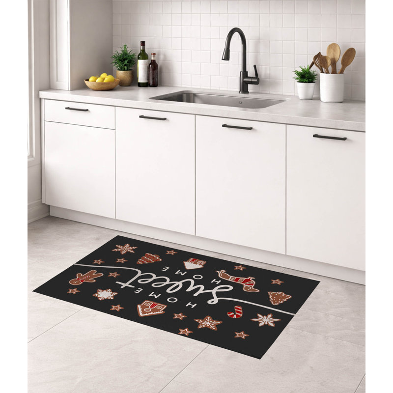 Gingerbread Home Sweet Home Charcoal Low Profile Kitchen Mat, Charcoal/Red/White, Rectangle 4' x 6'