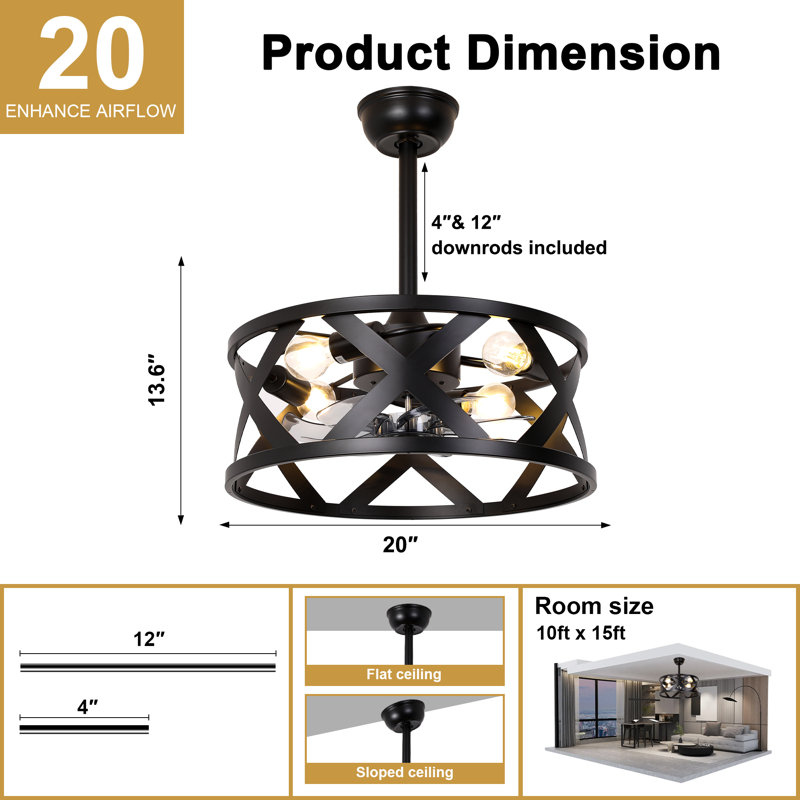 Ventilateur de plafond moderne en cage de 20 po avec ensemble d'éclairage et contrôle APP, ventilateur de plafond industriel en cage noir à 7 pales