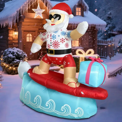 5.6Ft Self-Standing Inflatable Surfing Santa Claus With LED Lights - Outdoor/Indoor Christmas Yard Decoration, Hawaiian Luau Party Blow-Up, Easy Setup With Blower, Durable For Giant Inflatable Lawn And Pool