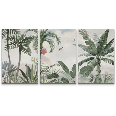 Tropical Palm Trees and Banana Leaves with Birds Botanical Wall Decor - Pictures Framed Canvas Print 3 Pieces Wall Art.