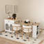 Table de salle à manger extensible pour 4 personnes avec îlot de cuisine avec comptoir en bois massif, armoire de rangement, tiroirs et station de charge au fini blanc