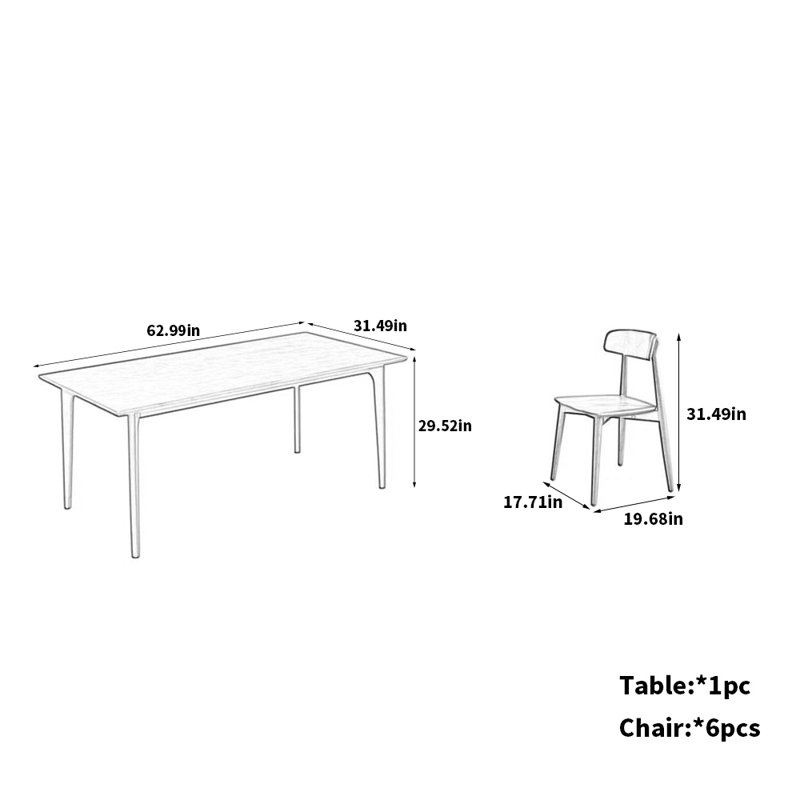 Oak Table Chairs Set Chic Modern Dining, 29.52"H x 62.99"L x 31.49"W