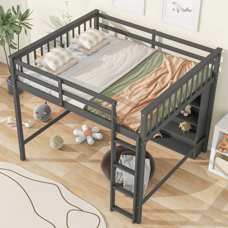 Bed with 8 Open Storage Shelves, Grey