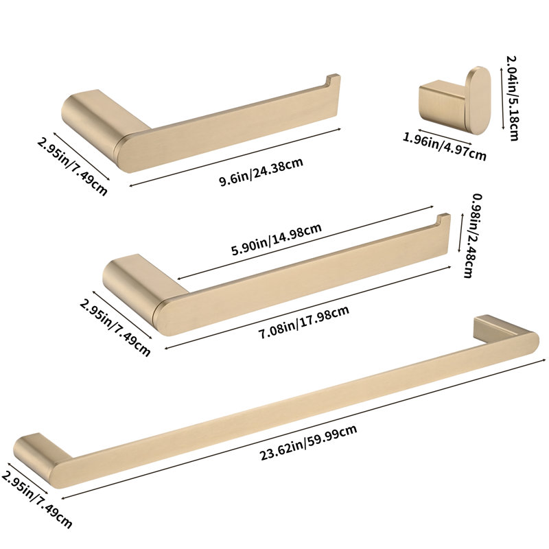 Bathroom Hardware 4-Piece Bath Hardware Set With Towel Bar, Robe Hook, Toilet Paper Holder In, Brushed Gold