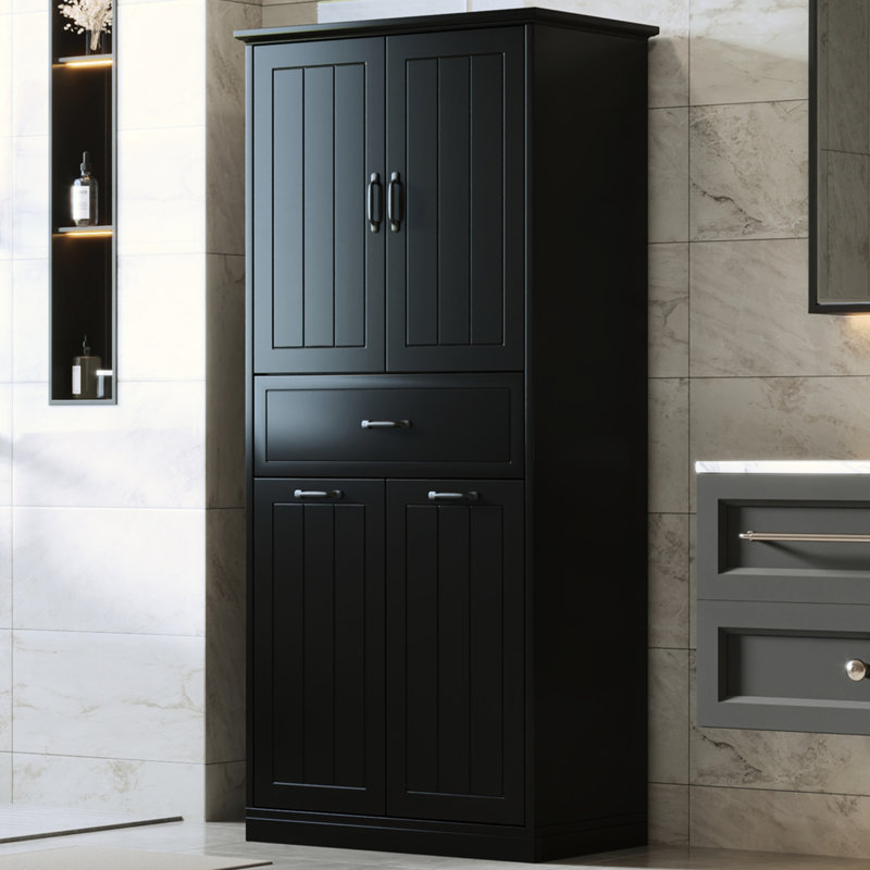 Bathroom Storage Cabinet - Black With 2 Laundry & Design Painted Tipping Device, Black