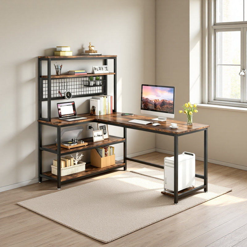 Reversible L-Shaped Desk 55 Inch Computer Desk with Wireless Charging And Shelves Home Office Desk with Storage