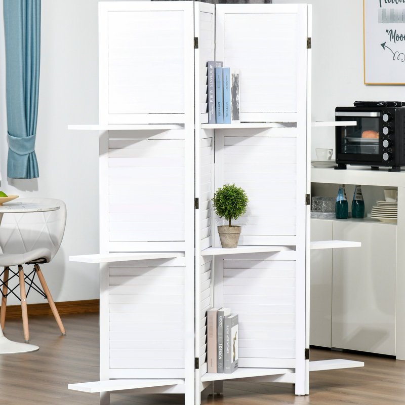 Paravent 4 panneaux de 67 po de hauteur à 4 panneaux d'intimité en bois avec 3 tablettes pliantes pour bureau / chambre à coucher / maison, blanc