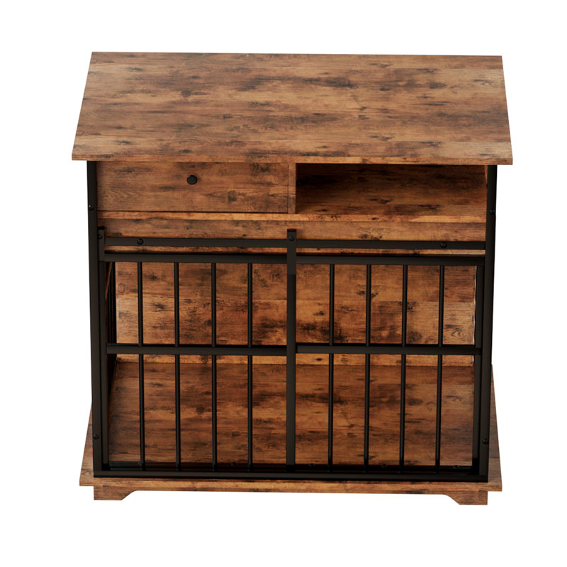 Cage pour chien fonctionnelle avec compartiment de rangement latéral, aspect bois patiné, mobilier de maison polyvalente pour un décor rustique, hauteur de déplacement facile, hauteur de 33,58 po