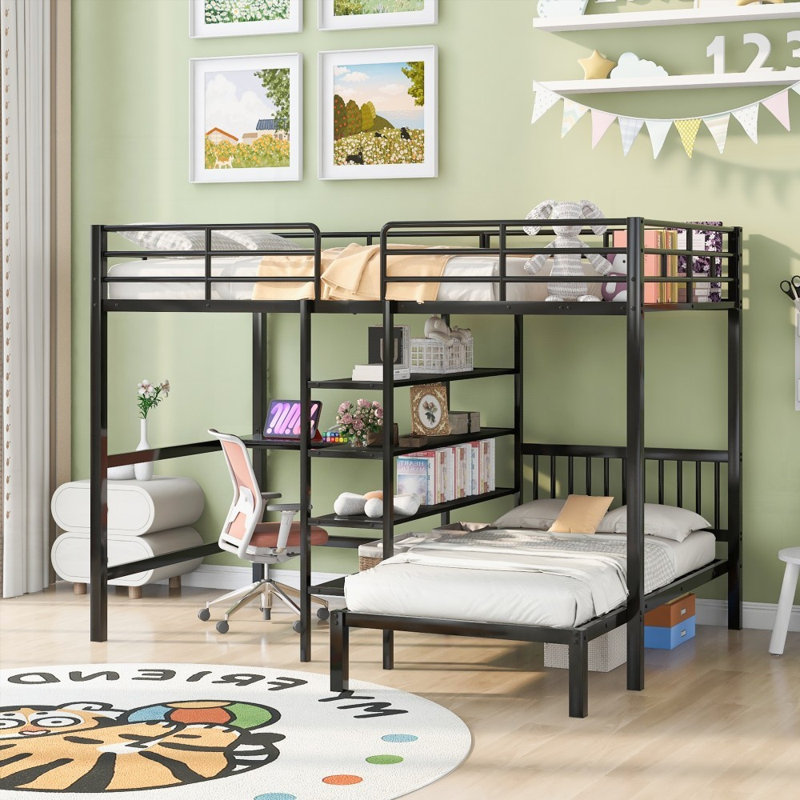 Lit superposé double en métal double avec bureau intégré et amp; Tablettes - aucun sommier nécessaire, robuste et amp; Durable