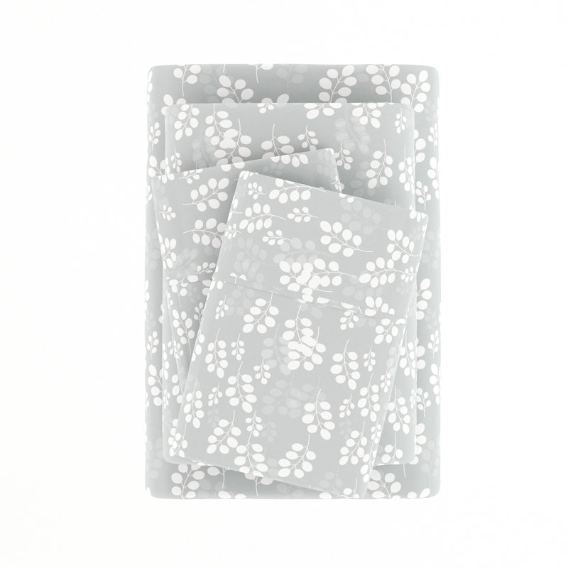 Gray Twin Floral Print Microfiber Sheet Set