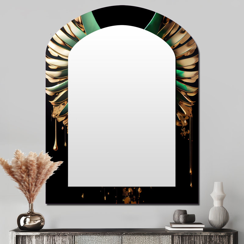 Green And Gold Angel Wings II - Wings Angel Arch Large Mirror, Modern Asymmetrical Unique Wall Mirror Decor, Printed Metal Art