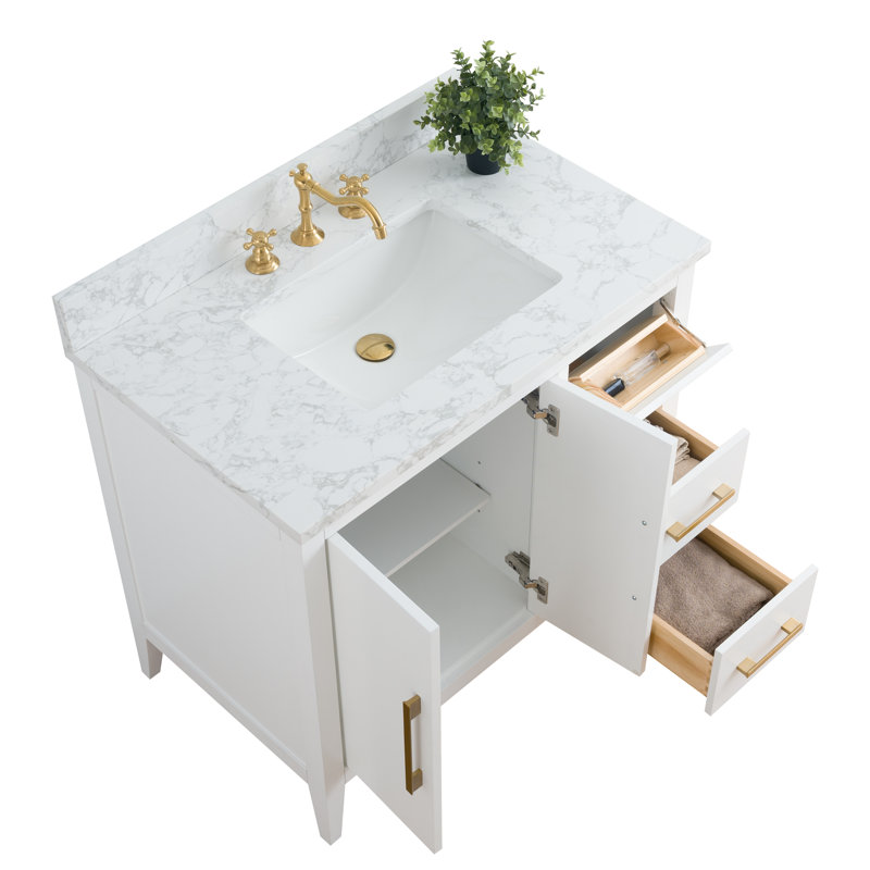 Meuble-lavabo simple 36 po avec plateau en marbre Chambery, Blanc, Or brossé
