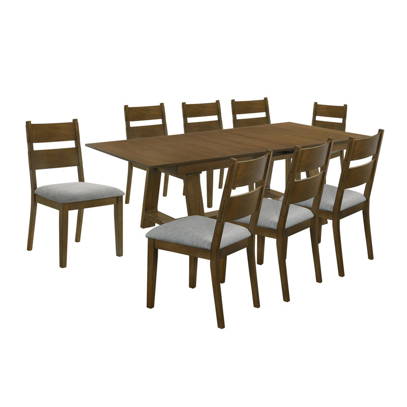 Ensemble de salle à manger 9 pièces : table à rallonge de 40 cm, chaises rembourrées, bois massif, fini chaleureux, mobilier en bois brun.