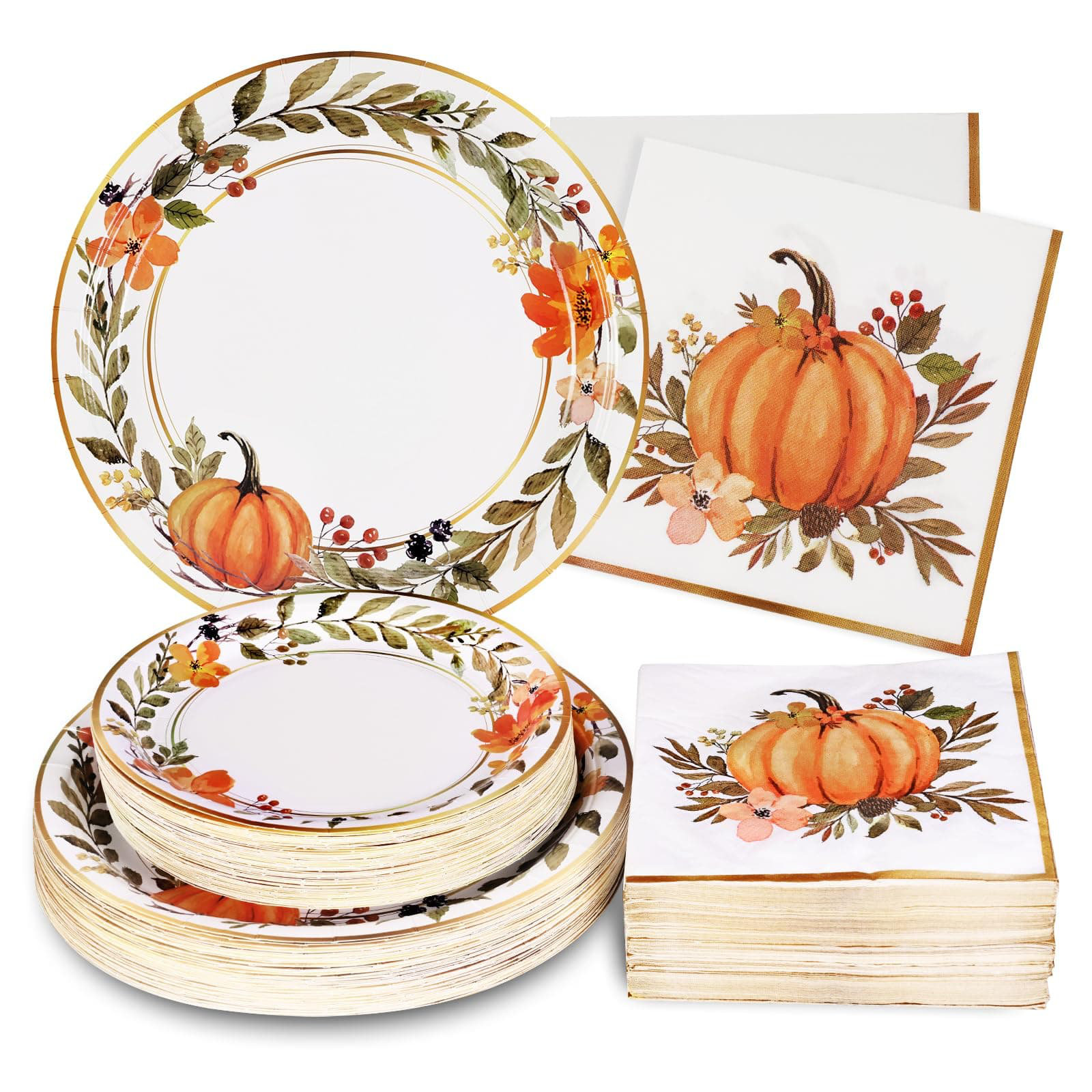 The Holiday Aisle® Thanksgiving, 200Pcs, Paper Plates, Napkins, Fall, Pumpkin, Watercolor, Disposable,Autumn Harvest | Wayfair