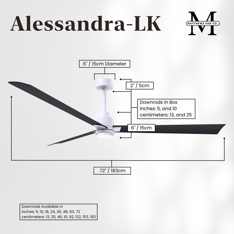 Alessandra - Three Blade Transitional Ceiling Fan -LED, Matte White, 72", Matte Black