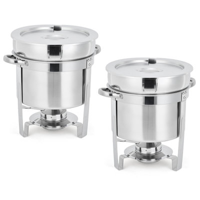 Chauffe-soupe rond robuste en acier inoxydable de 7 pintes pour la restauration - Réchaud commercial avec couvercle entaillé, support à carburant et louche - Équipement de chauffage des aliments facile à nettoyer et durable - paquet de 2