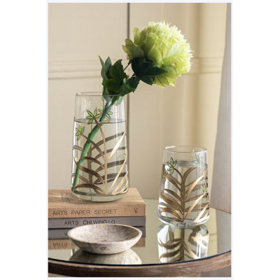 Vase décoratif en verre transparent 9,9 "avec motif botanique vert et or, vase décoratif