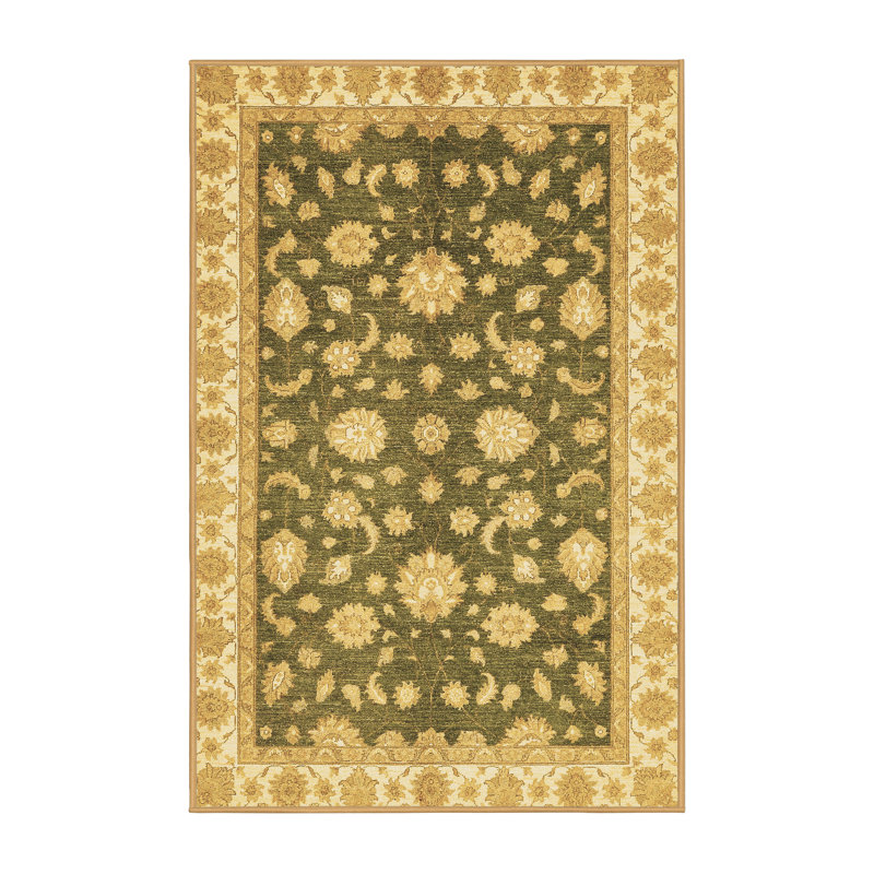 Tapis oriental en laine / polyester tissé à la machine Jarai en beige / vert, Tapis de couloir 2 pi x 5 pi