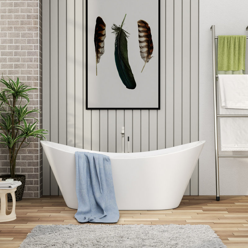 Baignoire de trempage autoportante en acrylique compacte L 59 po x l 29,5 po avec bonde escamotable et trou de trop-plein