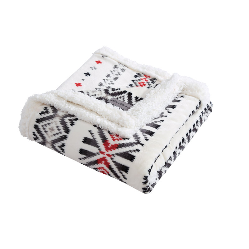 Eddie Bauer Plush Plaid Sherpa Reversible Blanket, Queen, Red/White/Black